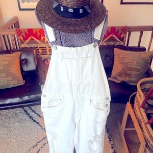 Lucky brand white distressed boyfriend overalls